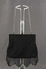 Vintage Metal Frame Black Satin Mourning Evening Purse Beaded Metallic Fringe