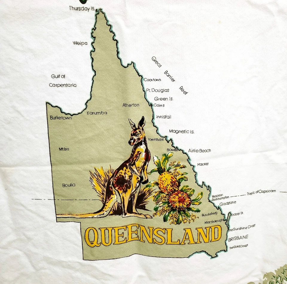 Mapa de Queensland Souvenir Tela de Lino De Colección Canguro Koala Floral Pájaro 13" x 13" Foto 2 de 4