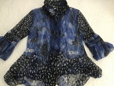 Damee Inc Ladies Jacket Sheer Mesh Ruffle Sleeves Collar + Bottom Blue Black