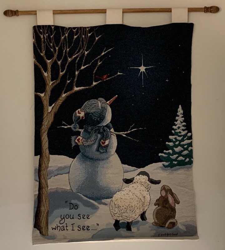 Do You See What I See Snowman Star Tapestry Wall Hanging 26x34" With Wooded Rod