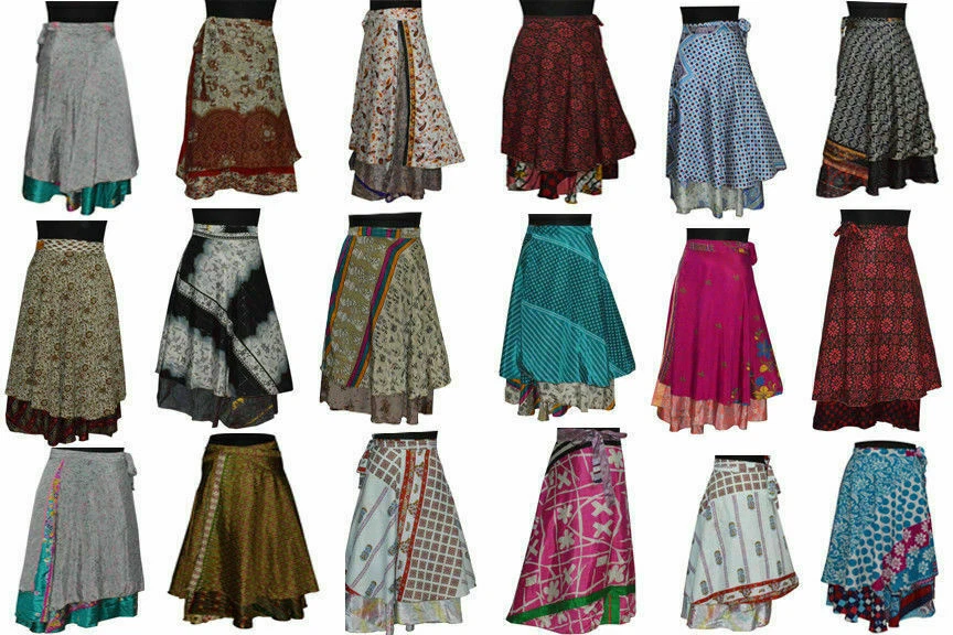 30 PC Vintage Silk Sari Magic Wrap Around Frill Skirt Dress Wholesale Lot Indian - Image 2 of 4