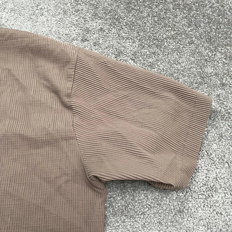 Boohoo 男子罗纹针织宽松版型衬衫男式大号棕色圆领弹力上衣 — 第 3/4 张图片