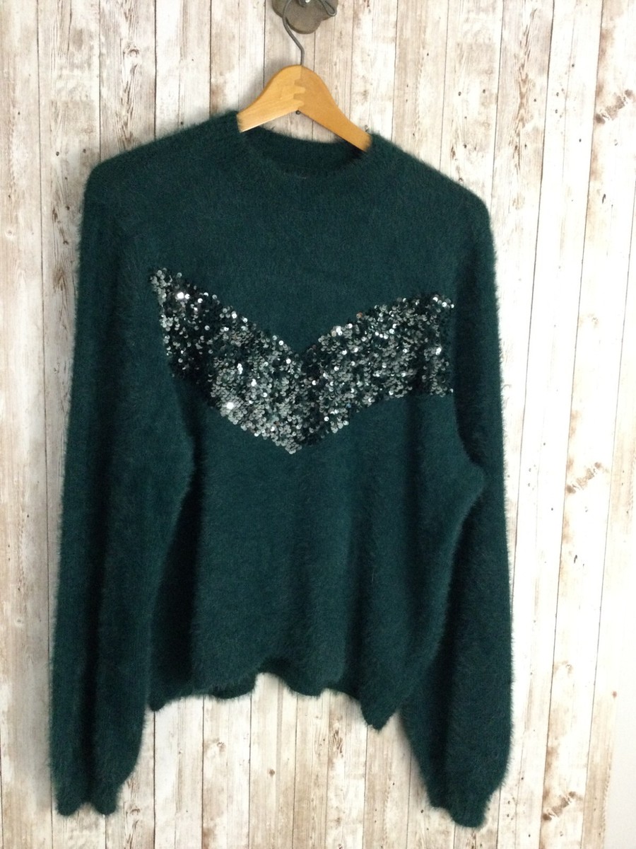 Nine West x Cara Santana Sweater Women XXL Teal Green Sequin Fuzzy