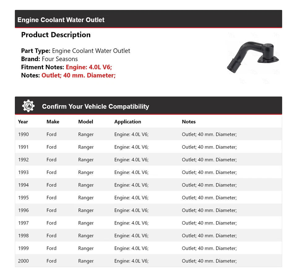 Salida de agua refrigerante motor V6 4,0 L para Ford Ranger 1990-2000 4 estaciones 1991 Foto 2 de 4