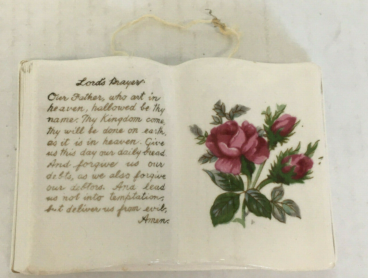 Lords prayer vintage ceramic open book with flowers figurine wall