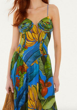NWT FARM RIO, Blue Banana Grapes 3d Bodice Sleeveless Maxi Dress, sz S, $380!