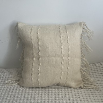 Ivory Boho Throw 100% Wool Pillow Cushion Cover with Fringe 24 x 24  Hand Woven