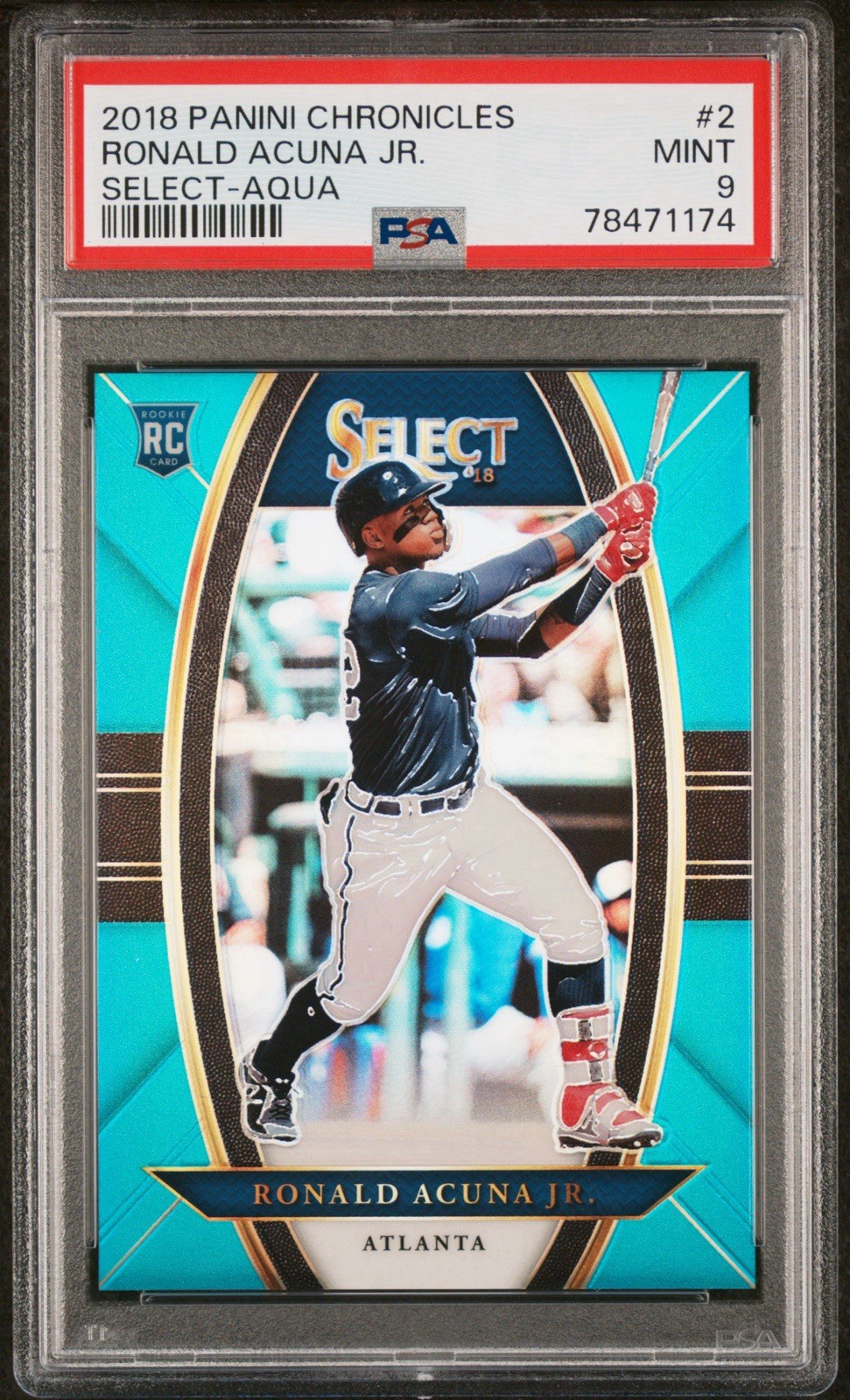 2018 Panini Select Aqua Prizm #2 Ronald Acuna Jr. RC Rookie /299 PSA 9 MINT view 2