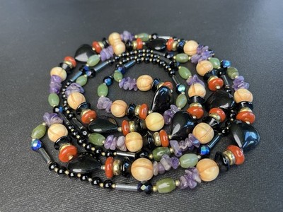 Vintage 70  long high end multiple gemstone beaded Necklace Opera Length