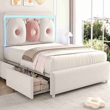 Queen Upholstered LED Bed Frame Princess Platform Bed With Storage Drawers