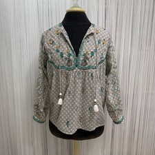 Lucky Brand Womens Boho Peasant Blouse Small Beige Floral Tassel Embroidered