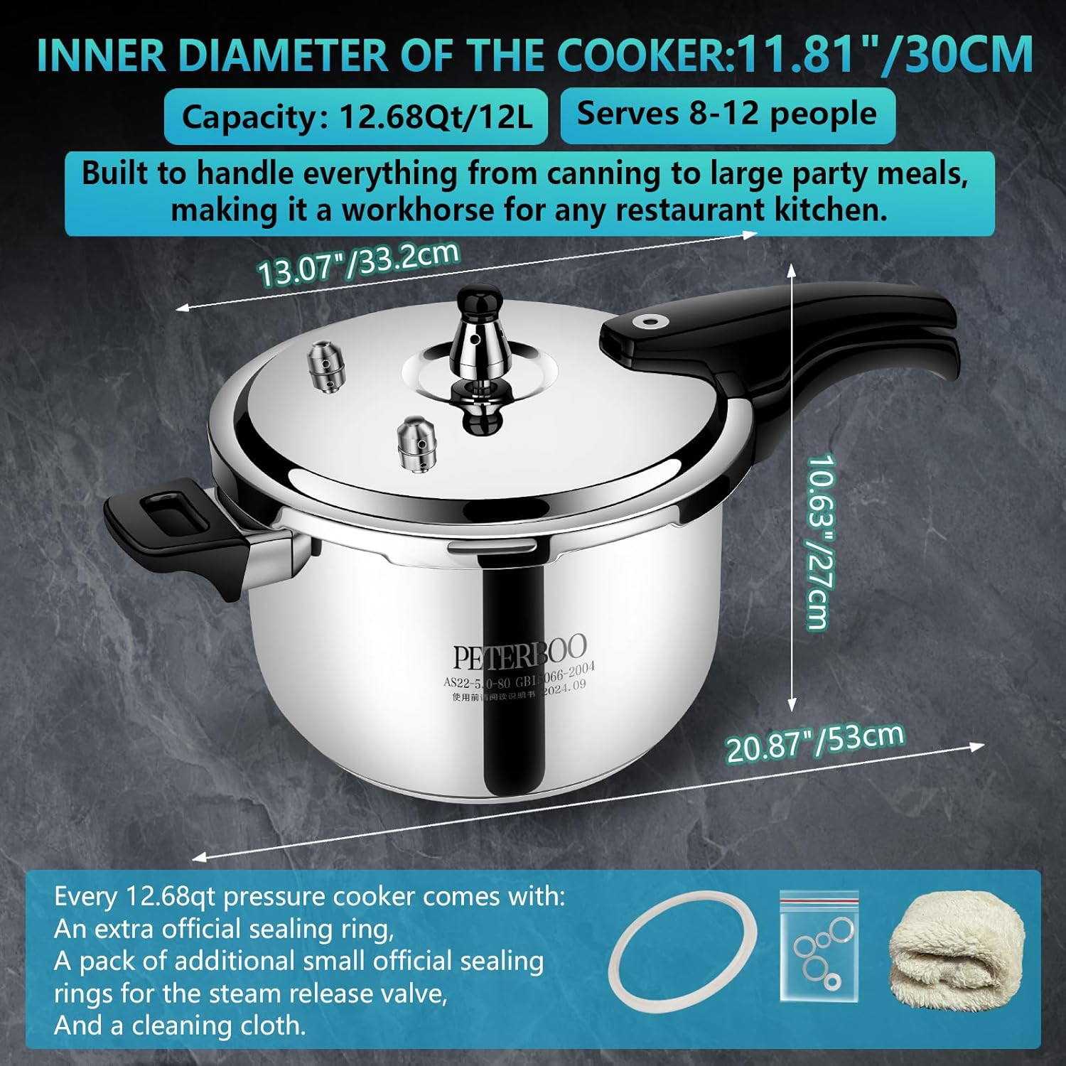 Luxury 12 Quart Stainless Steel Pressure Cooker for Large Families & Events