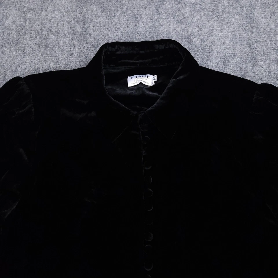 Camisa MARCO Mujer Mediana Negra Terciopelo Mezcla Seda Botón Frontal Manga Larga Top Foto 4 de 4