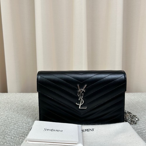 Authentic Pre-owned Saint Laurent YSL Black Silver Caviar Leather WOC Chain Bag