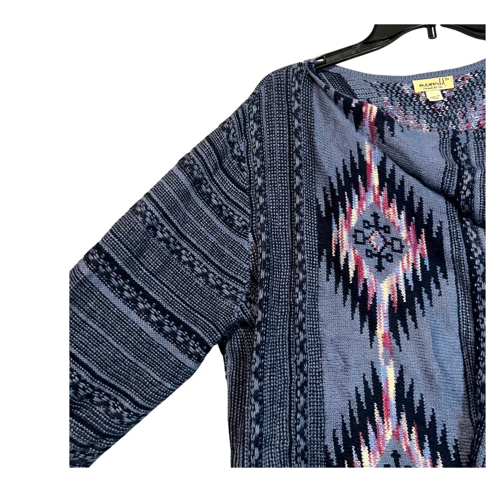 Cárdigan suéter boho One World para mujer 3X New Wave azul tejido azteca frente abierto Foto 3 de 4