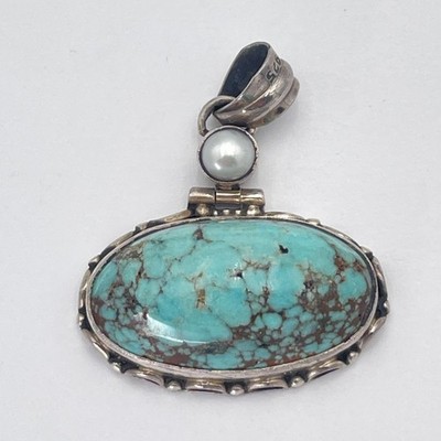 Sterling Silber 925 Türkis Oval Cabochon Anhänger Perle Akzent Boho Statement