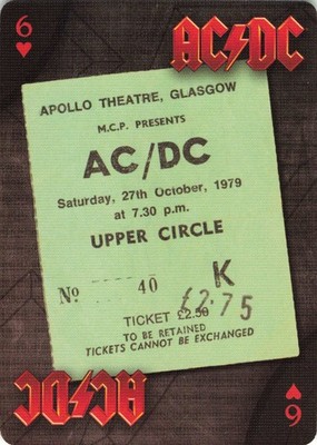 ACDC Highway To Hell Concert Ticket Single Swap Playing Card 6 of Hearts 1 Card