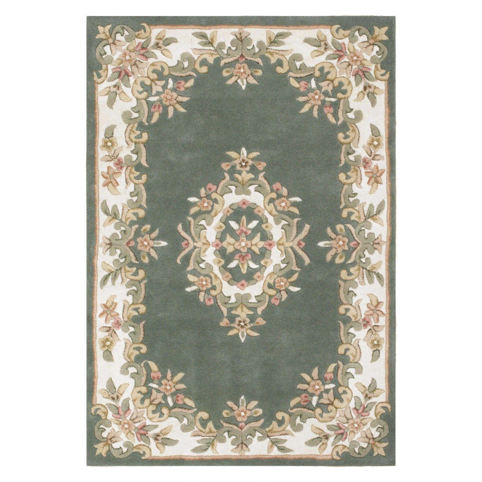 Hand‑Tufted Wool Area Rug – Traditional Green Aubusson Floral Carpet for Living