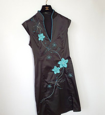 Jane Norman Turquoise Embellished Black Dress Size 10 Oriental Style Slit Dress