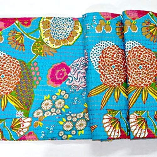 Fruit Print Turquoise Throw Kantha Quilt Cotton Bedding Decor Quilt 90"x108 In - Picture 2 of 3