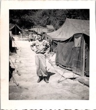 Vtg B W Photo 1943 WW2 US Army Soldier Uniform Military Camp Base Tents Service