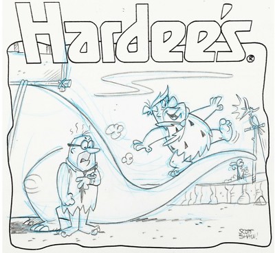 Hardee's Fred Flintstone & Mr Rubble Concept Art Signed Scott Shaw Hanna-Barbera