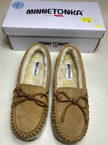Minnetonka bequeme flache Damenschuhe zimtfarbenes Leder Kunstfell-Slipper Größe 9M