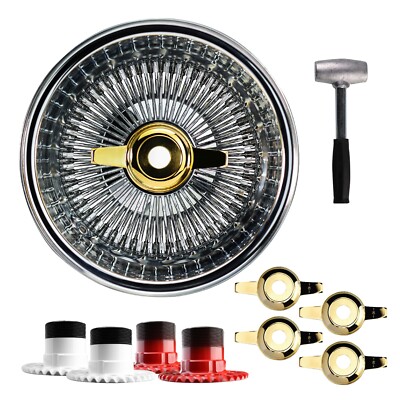 13x7 Rev 100 Spoke Straight Lace Lowrider Wire Wheels, Zenith Cut Gold Caps, Set