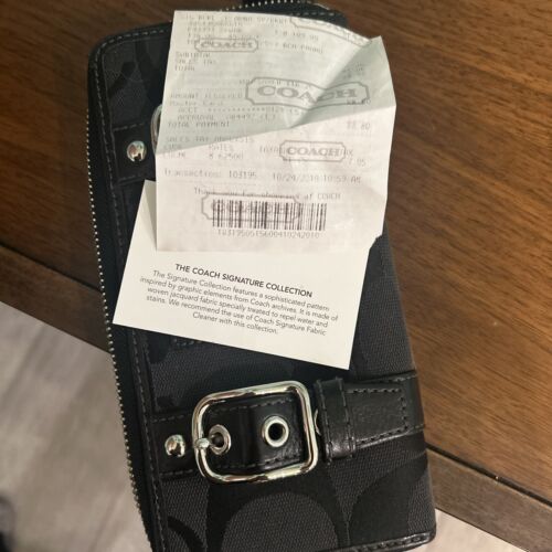 Vintage Coach Zoe Double Buckle Black Leather And Material Zippered Wallet - Picture 4 of 5