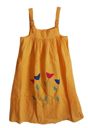 Vintage Yellow Seersucker Sleeveless Dress Spring Tulip  Appliques Handmade Med