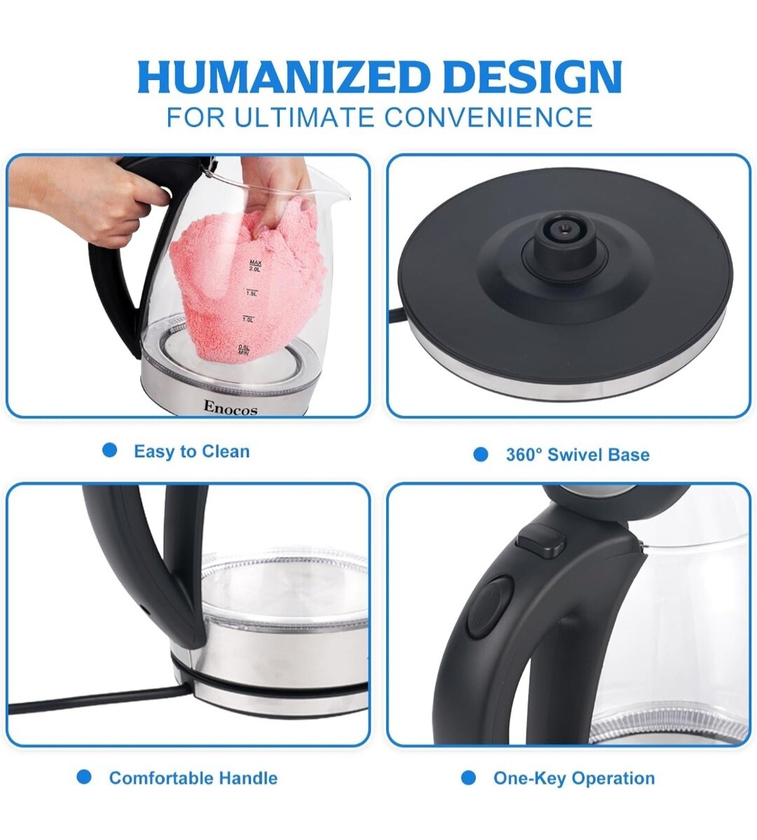 Enocos Fast Boil Electric Kettle, 2.0 L, 2300 Watts, Glass Kettle Easy