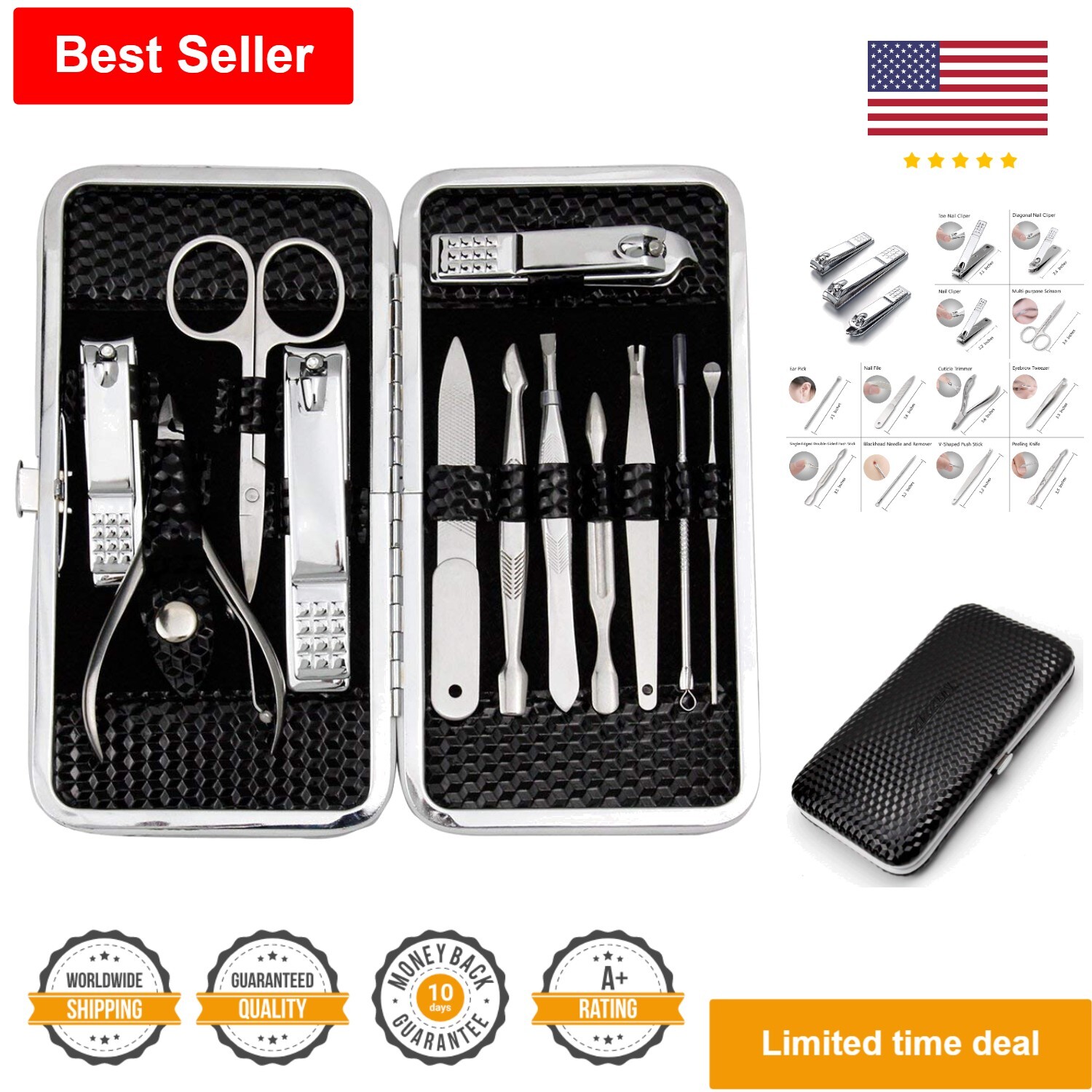Premium Manicure Kit: 12Pcs Nail Clippers Set - Grooming Tools - Travel Case
