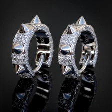 Men’s 14k White Gold Plated Spiked Punk RockIced Hip Hop Cz Huggie Hoop Earrings