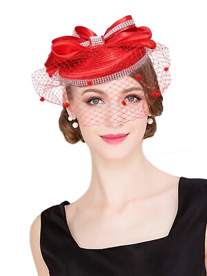 Red Fascinator Top Hat For Women Derby Wedding Party Pillbox Hats With Bow  Veil