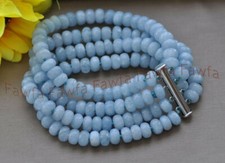 4 Rows 5x8mm Natural Blue Aquamarine Rondelle Gemstone Beads Bracelet 7.5''
