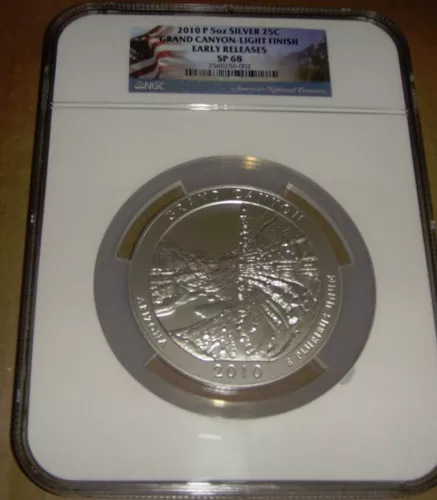 2010-P 5OZ SILVER 25C GRAND CANYON LIGHT FINISH SP 68 NGC UNICORN COIN