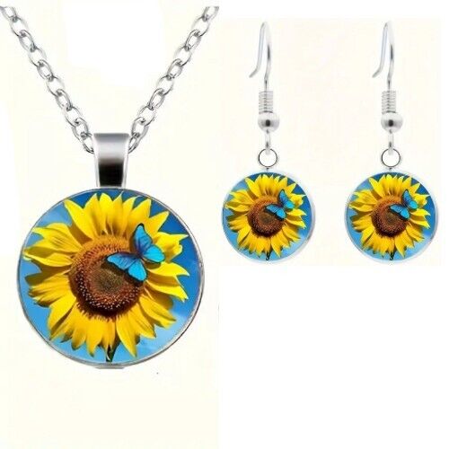 Sunflower Plus Butterfly Design Round Hook Earrings Pendant Necklace 3pcs Set