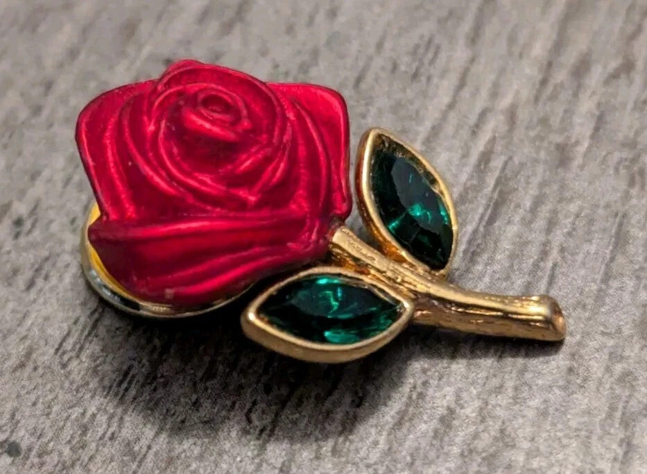 Stunning Red Rose Flower Gold Lapel Pin Detailed Petals, Green Gems For Leaves - Image 3 of 4