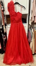 NEW Women s Formal One Shoulder Ruffle Trim Tull Long Prom Dress Evening Gown M