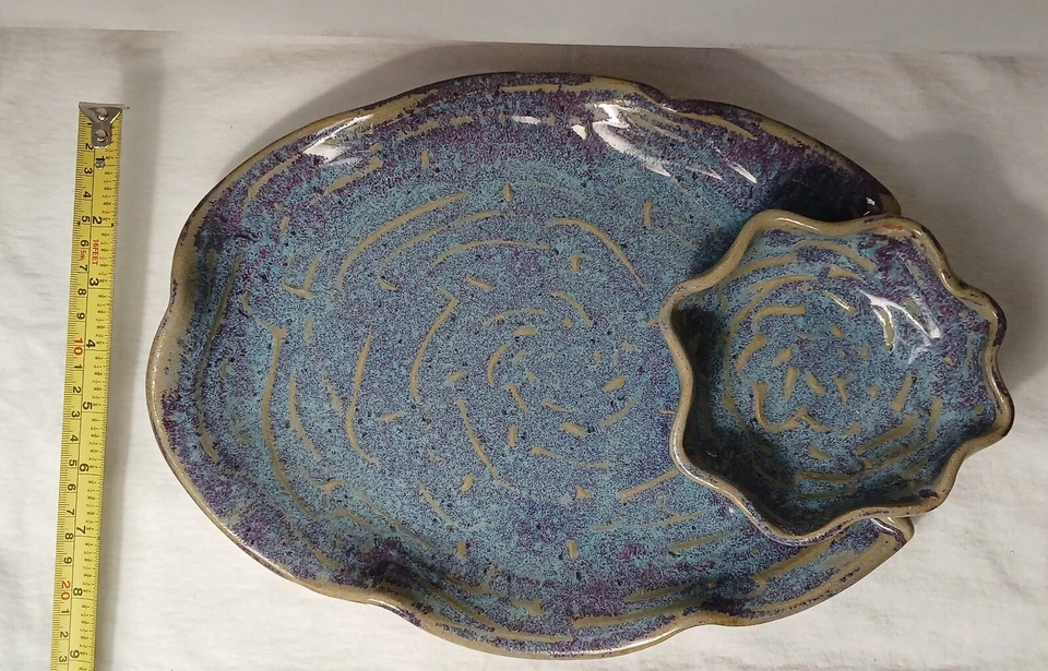 Plato para servir cerámica MEK artesanal con tazón adjunto estilo japonés firmado Foto 4 de 4