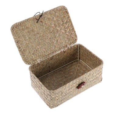  Storage Bin with Bamboo Lid Colorful Basket Attached Covers Woven Handmade