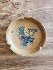 Handmade Painted Pottery Funky Bird Round Ashtray Tan