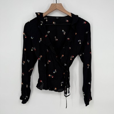 Rails Simone Wrap Blouse Womens XS Black Kyoto Floral Rayon Ruffle Surplice Neck