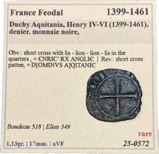 1399-1461 Henry IV V VI Aquitaine Billon Denier Monnaie Noire Elias 349 RARE
