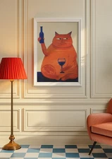 Cat Wine Poster | Retro Bar Cart Wall Art | Mid Century Kitchen Decor