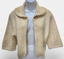 Vintage Unworn 50s Chunky Wool Knit Cropped Cardigan Sweater M Ivory Open Front