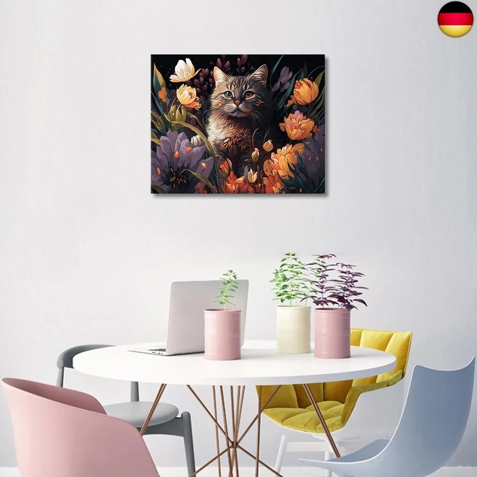 Tiere Malen nach Zahlen für Erwachsene Katze und Blumen Öl-Handmalerei DIY a - Bild 2 von 4