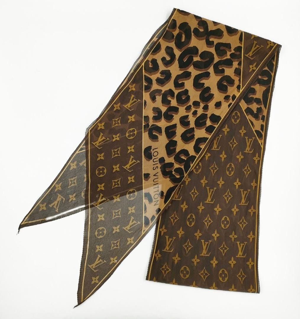 Louis Vuitton Monogram Leopard Silk Stole Brown Lightweight Shawl Pre-Owned