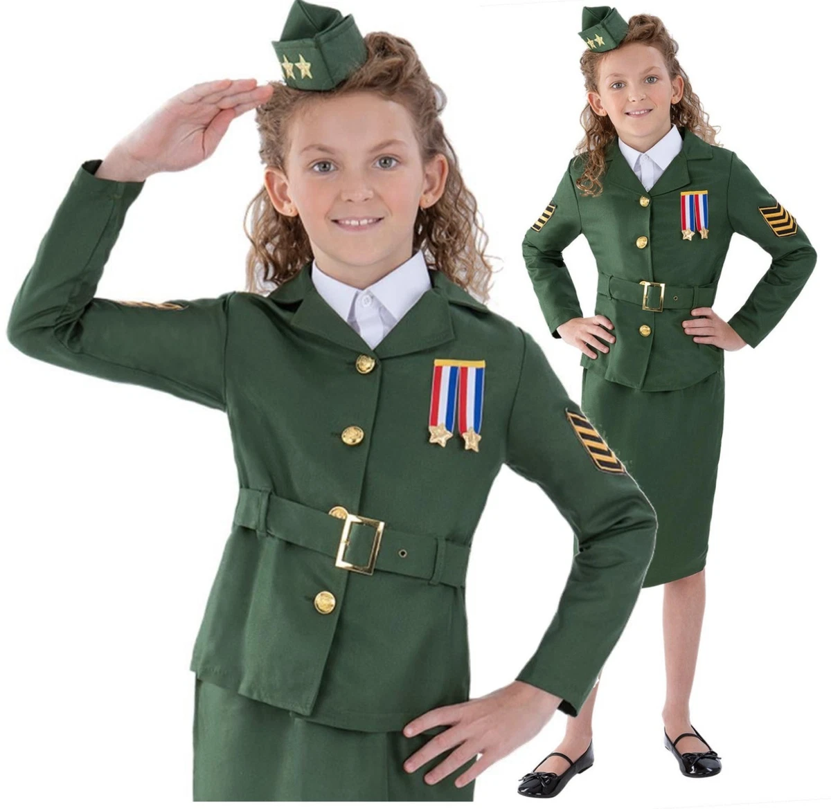 Smiffys Wartime Officer Costume, Green Skirt, Jacket With Medal, Shirt Front, Tie, Hat, Land, Sea And Air Forces Fancy Dress, Army Dress Up Costumes