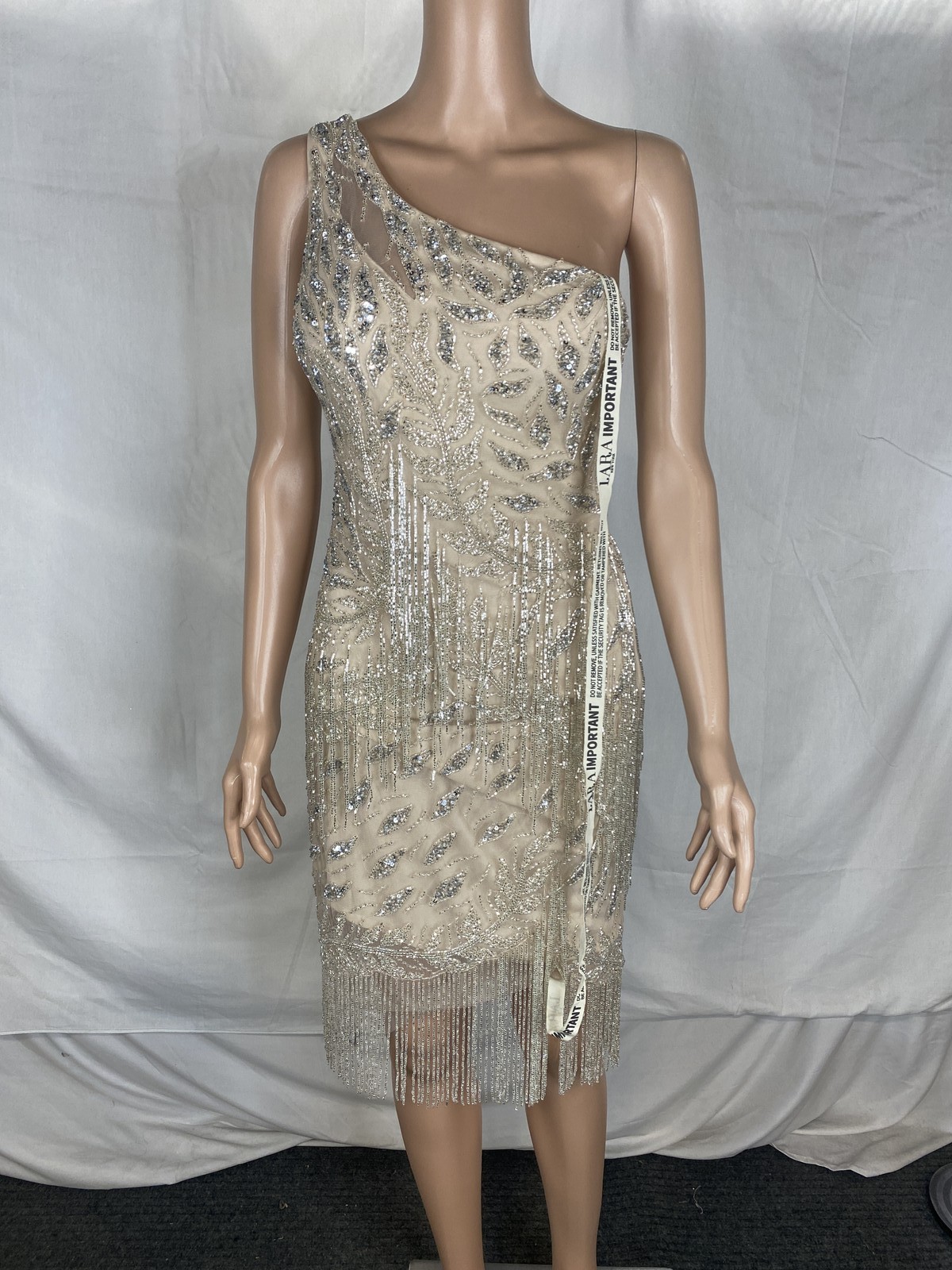 Lara Womens One Shoulder Jeweled Fringe Cocktail Dress Size 4 Nude, Silver